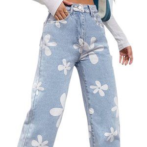 Floral print high-waisted straight leg jeans